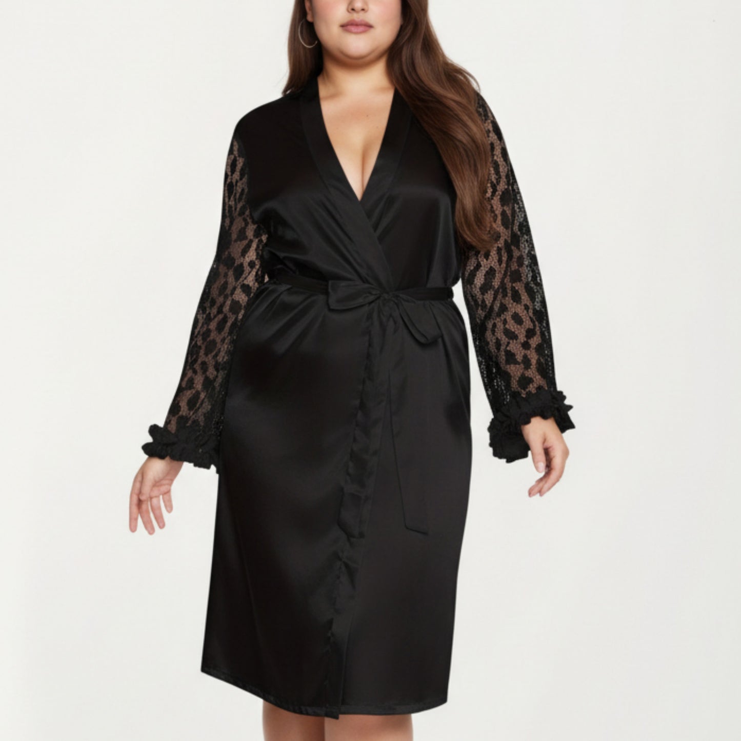 Anna-Kaci Lounge Women's PLus Size Satin Robe with Sheer Floral Lace Sleeves, Ruffled Cuffs, and Adjustable Waist Tie