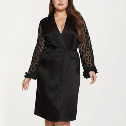 Anna-Kaci Lounge Women's PLus Size Satin Robe with Sheer Floral Lace Sleeves, Ruffled Cuffs, and Adjustable Waist Tie