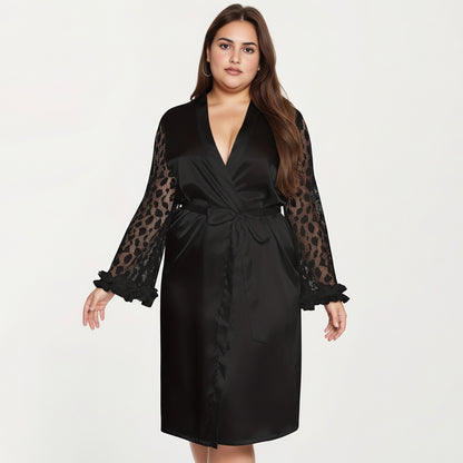 Anna-Kaci Lounge Women's PLus Size Satin Robe with Sheer Floral Lace Sleeves, Ruffled Cuffs, and Adjustable Waist Tie