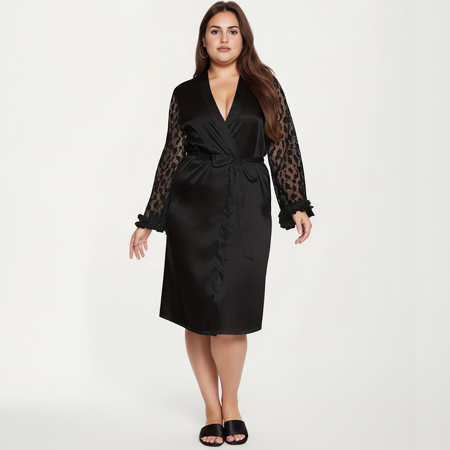 Anna-Kaci Lounge Women's PLus Size Satin Robe with Sheer Floral Lace Sleeves, Ruffled Cuffs, and Adjustable Waist Tie