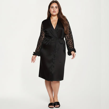 Anna-Kaci Lounge Women's PLus Size Satin Robe with Sheer Floral Lace Sleeves, Ruffled Cuffs, and Adjustable Waist Tie
