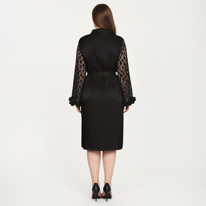 Anna-Kaci Lounge Women's PLus Size Satin Robe with Sheer Floral Lace Sleeves, Ruffled Cuffs, and Adjustable Waist Tie