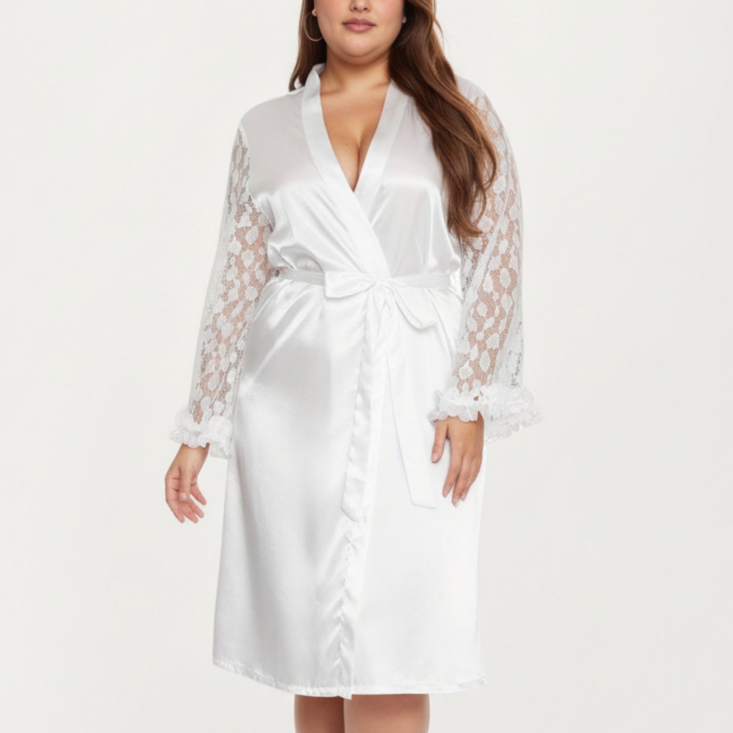 Anna-Kaci Lounge Women's PLus Size Satin Robe with Sheer Floral Lace Sleeves, Ruffled Cuffs, and Adjustable Waist Tie