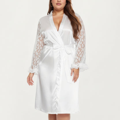 Anna-Kaci Lounge Women's PLus Size Satin Robe with Sheer Floral Lace Sleeves, Ruffled Cuffs, and Adjustable Waist Tie