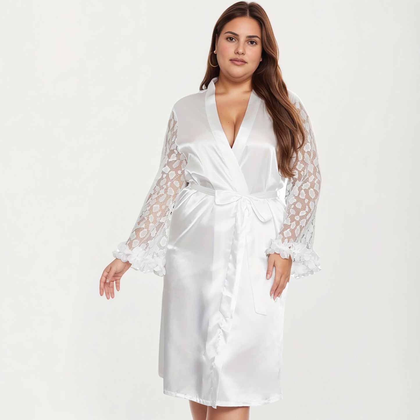 Anna-Kaci Lounge Women's PLus Size Satin Robe with Sheer Floral Lace Sleeves, Ruffled Cuffs, and Adjustable Waist Tie