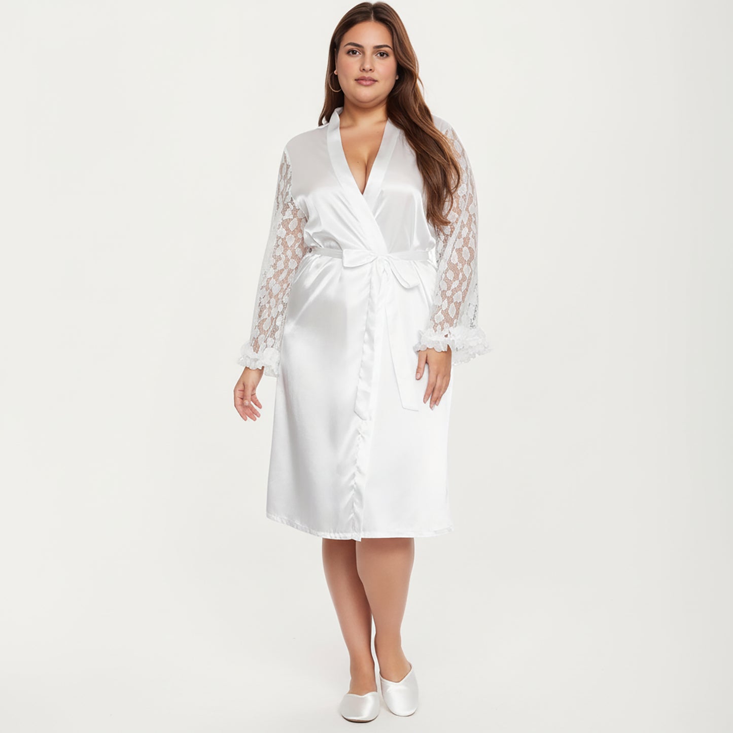 Anna-Kaci Lounge Women's PLus Size Satin Robe with Sheer Floral Lace Sleeves, Ruffled Cuffs, and Adjustable Waist Tie