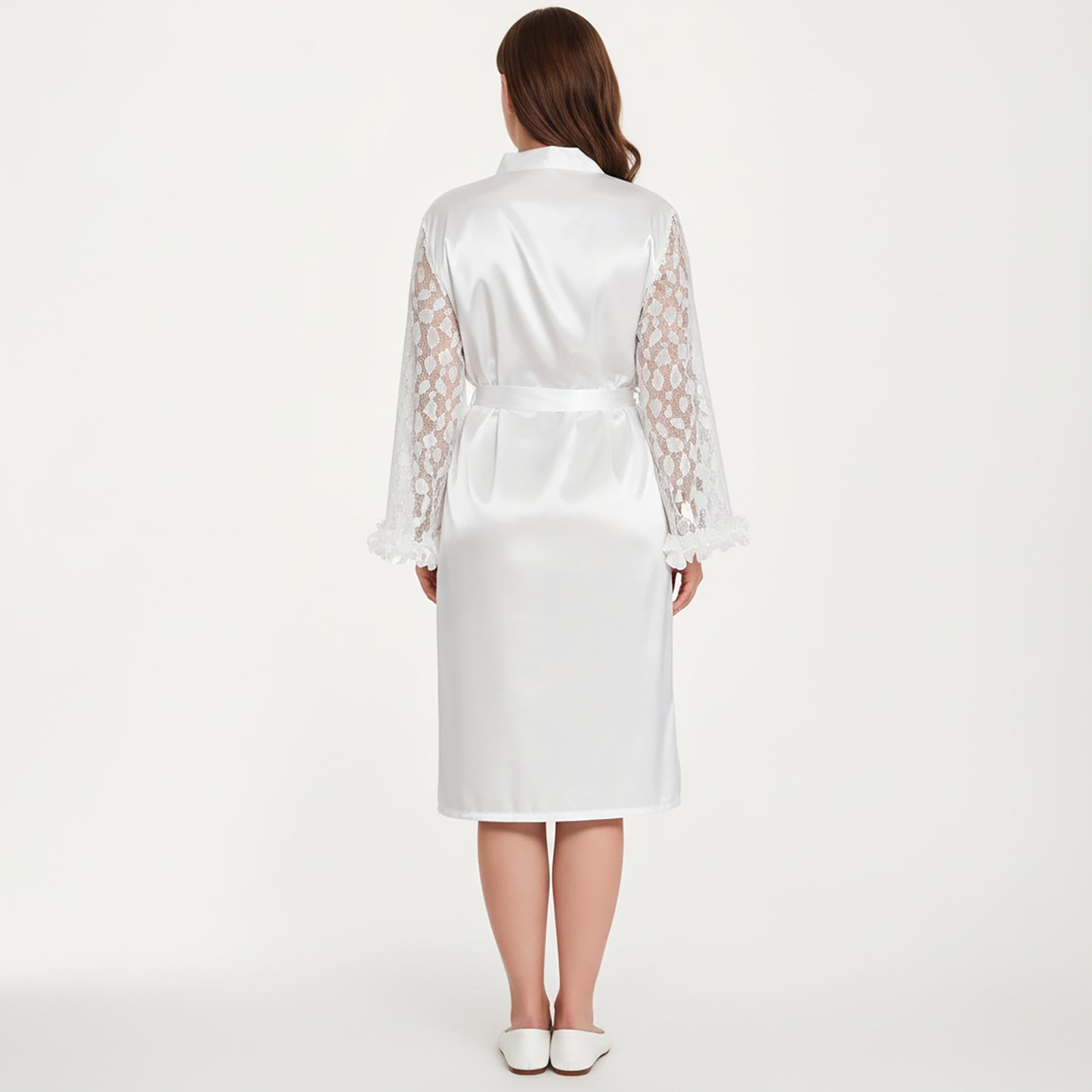 Anna-Kaci Lounge Women's PLus Size Satin Robe with Sheer Floral Lace Sleeves, Ruffled Cuffs, and Adjustable Waist Tie