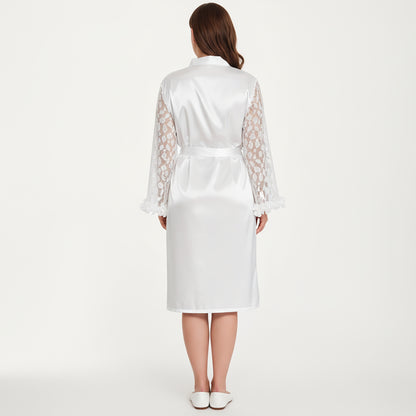 Anna-Kaci Lounge Women's PLus Size Satin Robe with Sheer Floral Lace Sleeves, Ruffled Cuffs, and Adjustable Waist Tie