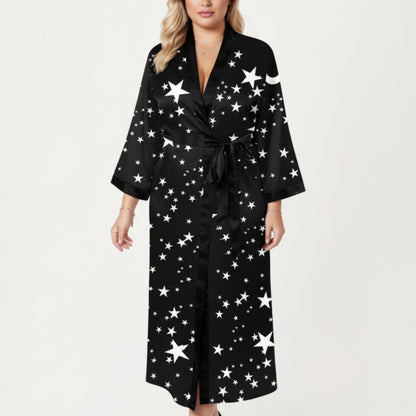 Anna-Kaci Lounge Women's PLus Size Star Print Long Robe with Soft Satin Feel, Open Front Design, and Adjustable Waist Tie