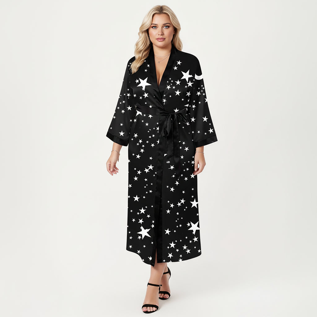 Anna-Kaci Lounge Women's PLus Size Star Print Long Robe with Soft Satin Feel, Open Front Design, and Adjustable Waist Tie