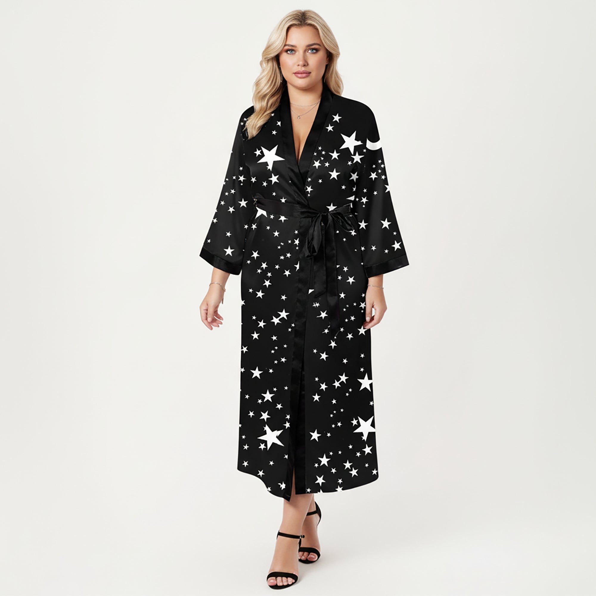 Anna-Kaci Lounge Women's PLus Size Star Print Long Robe with Soft Satin Feel, Open Front Design, and Adjustable Waist Tie