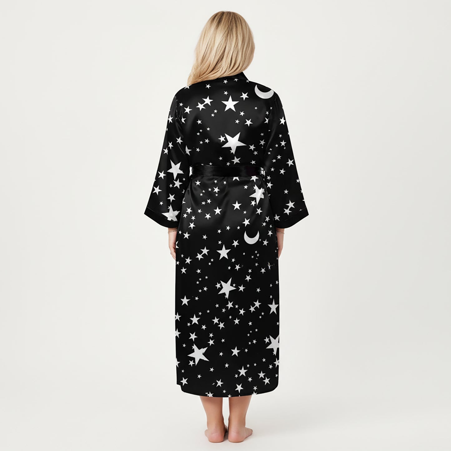 Anna-Kaci Lounge Women's PLus Size Star Print Long Robe with Soft Satin Feel, Open Front Design, and Adjustable Waist Tie