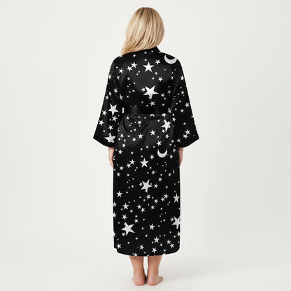 Anna-Kaci Lounge Women's PLus Size Star Print Long Robe with Soft Satin Feel, Open Front Design, and Adjustable Waist Tie