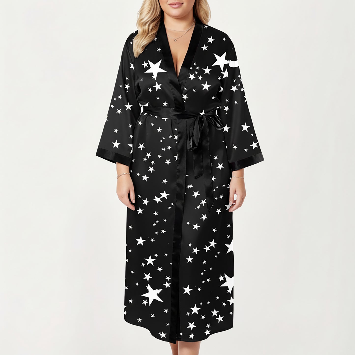 Anna-Kaci Lounge Women's PLus Size Star Print Long Robe with Soft Satin Feel, Open Front Design, and Adjustable Waist Tie