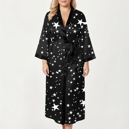 Anna-Kaci Lounge Women's PLus Size Star Print Long Robe with Soft Satin Feel, Open Front Design, and Adjustable Waist Tie