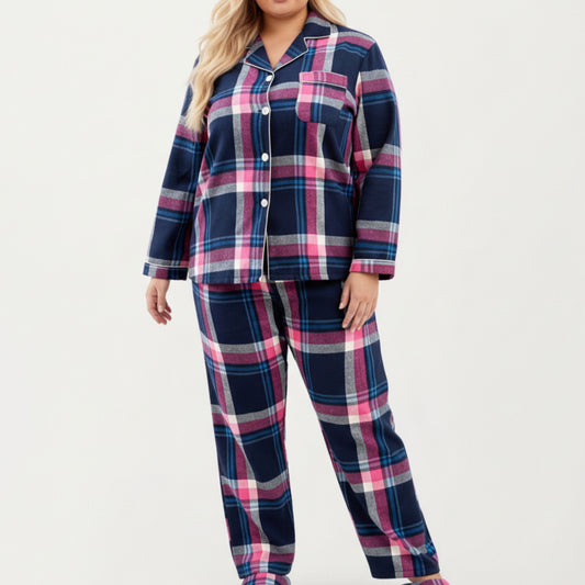 Anna-Kaci Lounge Women's PLus Size 2-Piece Set Plaid Flannel Pajamas with Button-Front Long Sleeve Top and Soft Relaxed Fit Pants