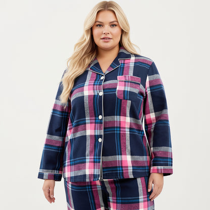 Anna-Kaci Lounge Women's PLus Size 2-Piece Set Plaid Flannel Pajamas with Button-Front Long Sleeve Top and Soft Relaxed Fit Pants