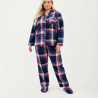 Anna-Kaci Lounge Women's PLus Size 2-Piece Set Plaid Flannel Pajamas with Button-Front Long Sleeve Top and Soft Relaxed Fit Pants