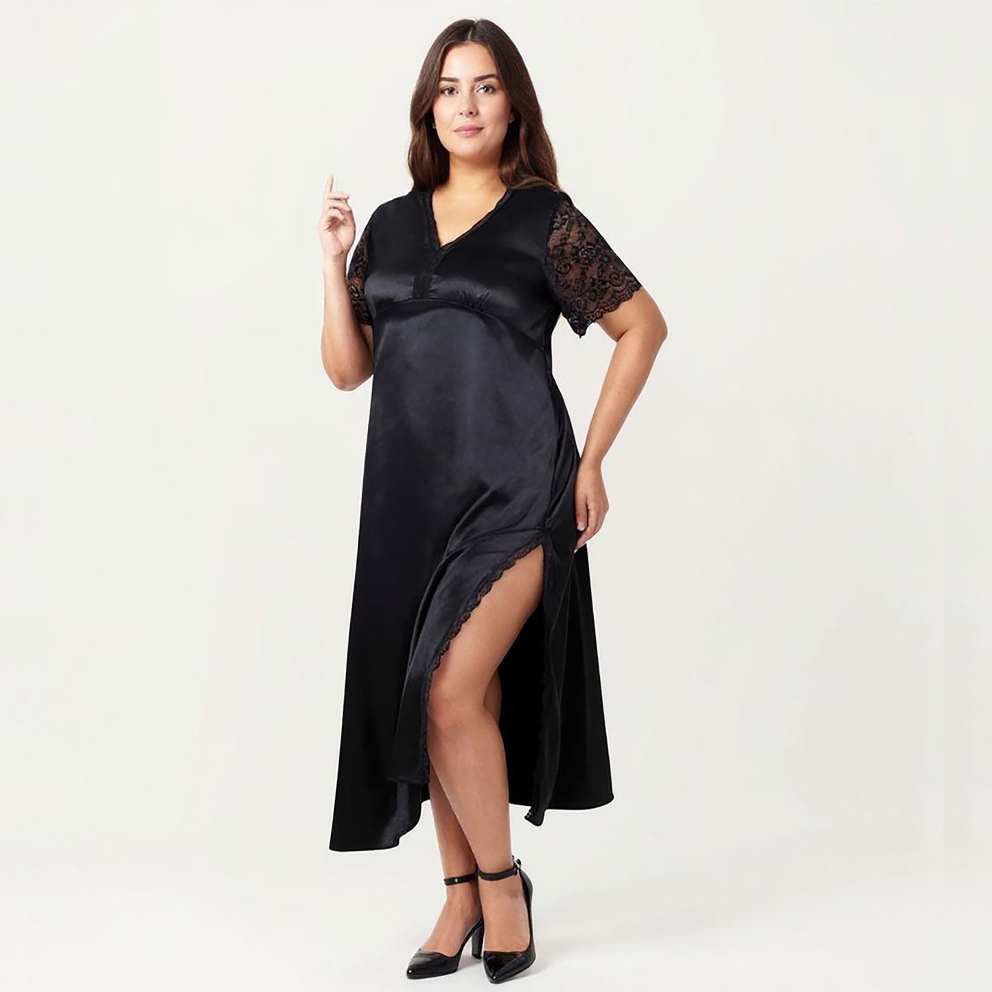 Anna-Kaci Lounge Women's Plus Size Satin Nightdress with Lace Trim Sleeves and High Side Slit Featuring Soft Draping Fabric