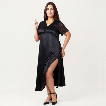 Anna-Kaci Lounge Women's Plus Size Satin Nightdress with Lace Trim Sleeves and High Side Slit Featuring Soft Draping Fabric