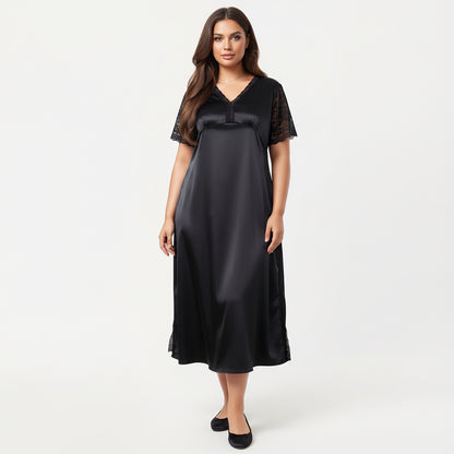 Anna-Kaci Lounge Women's Plus Size Satin Nightdress with Lace Trim Sleeves and High Side Slit Featuring Soft Draping Fabric