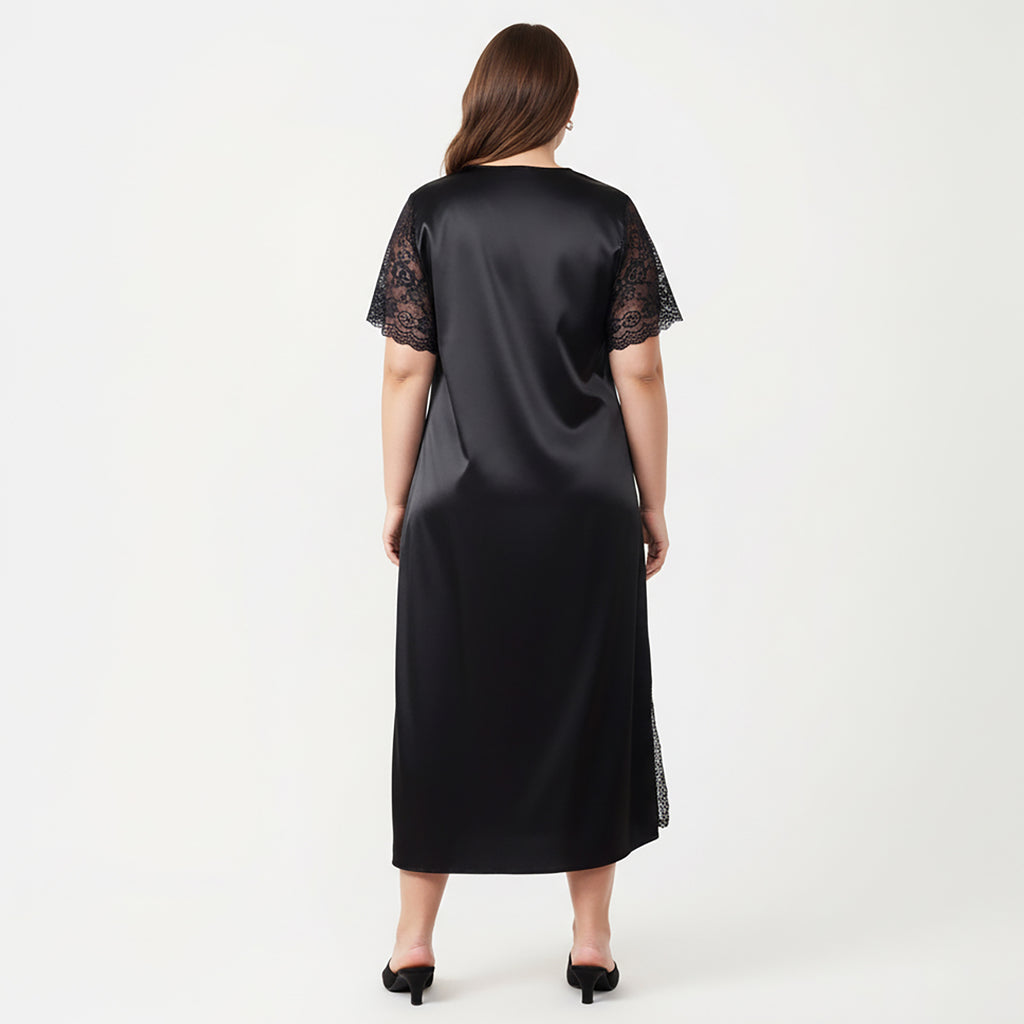 Anna-Kaci Lounge Women's Plus Size Satin Nightdress with Lace Trim Sleeves and High Side Slit Featuring Soft Draping Fabric