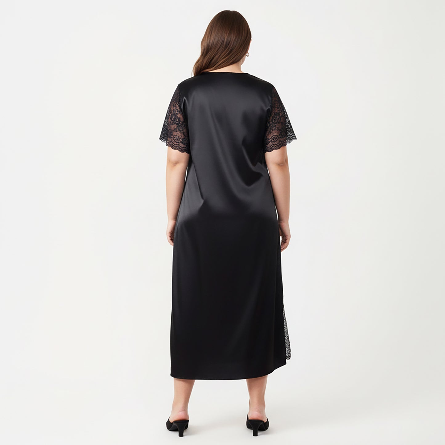 Anna-Kaci Lounge Women's Plus Size Satin Nightdress with Lace Trim Sleeves and High Side Slit Featuring Soft Draping Fabric