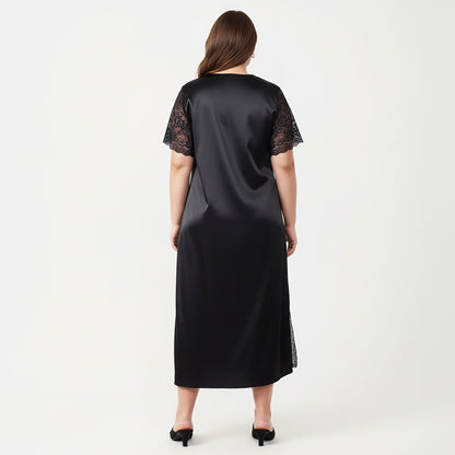 Anna-Kaci Lounge Women's Plus Size Satin Nightdress with Lace Trim Sleeves and High Side Slit Featuring Soft Draping Fabric