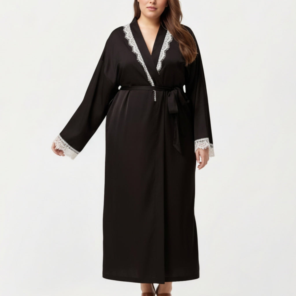 Anna-Kaci Lounge Women's Plus Size Long Robe with Lace Trim on Collar and Cuffs Featuring Soft Flowing Fabric and Adjustable Belt