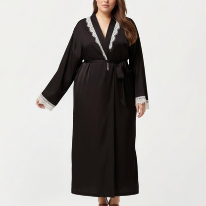 Anna-Kaci Lounge Women's Plus Size Long Robe with Lace Trim on Collar and Cuffs Featuring Soft Flowing Fabric and Adjustable Belt