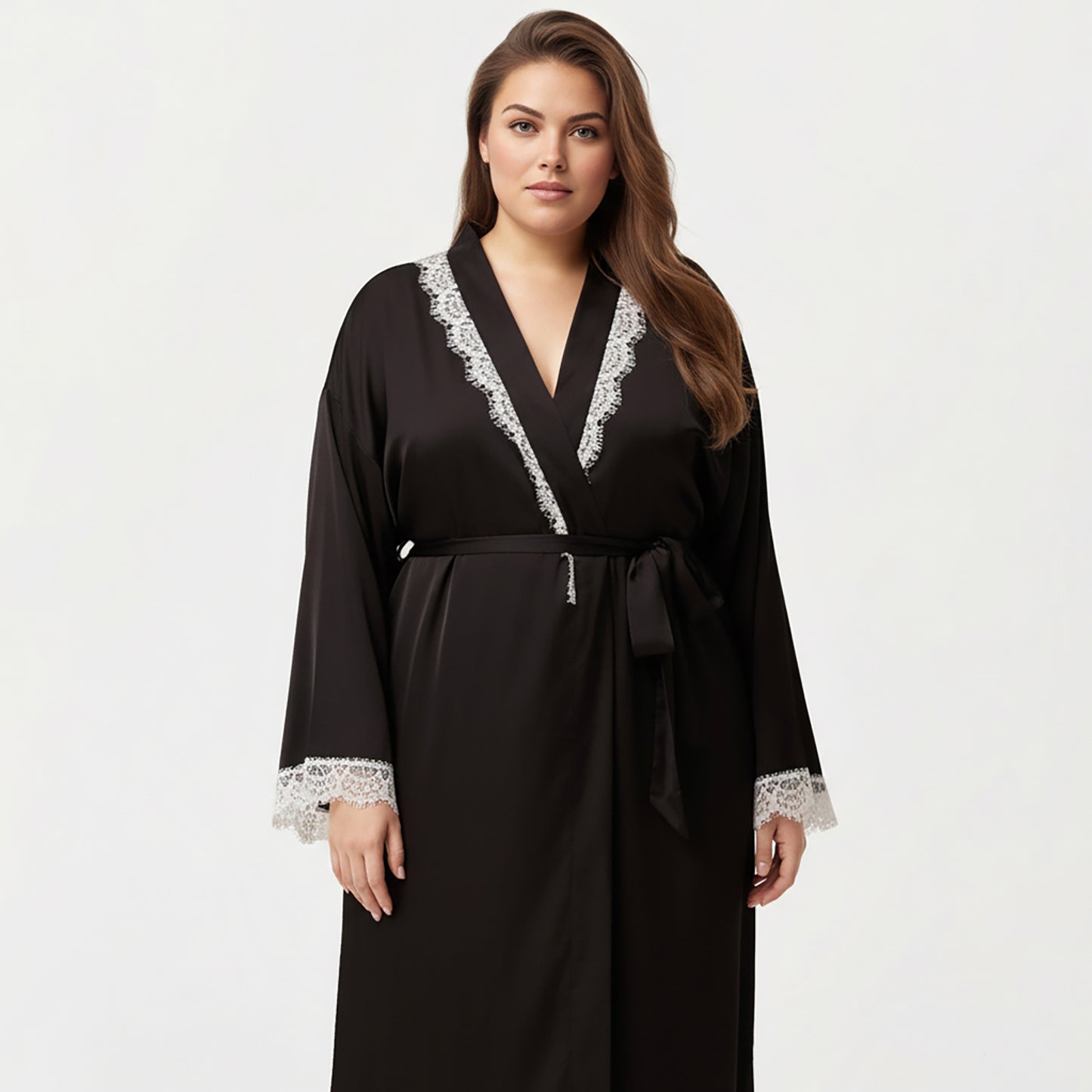 Anna-Kaci Lounge Women's Plus Size Long Robe with Lace Trim on Collar and Cuffs Featuring Soft Flowing Fabric and Adjustable Belt