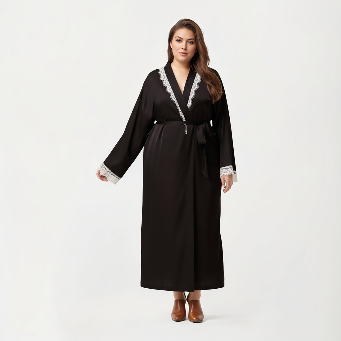 Anna-Kaci Lounge Women's Plus Size Long Robe with Lace Trim on Collar and Cuffs Featuring Soft Flowing Fabric and Adjustable Belt