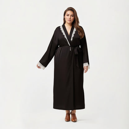 Anna-Kaci Lounge Women's Plus Size Long Robe with Lace Trim on Collar and Cuffs Featuring Soft Flowing Fabric and Adjustable Belt