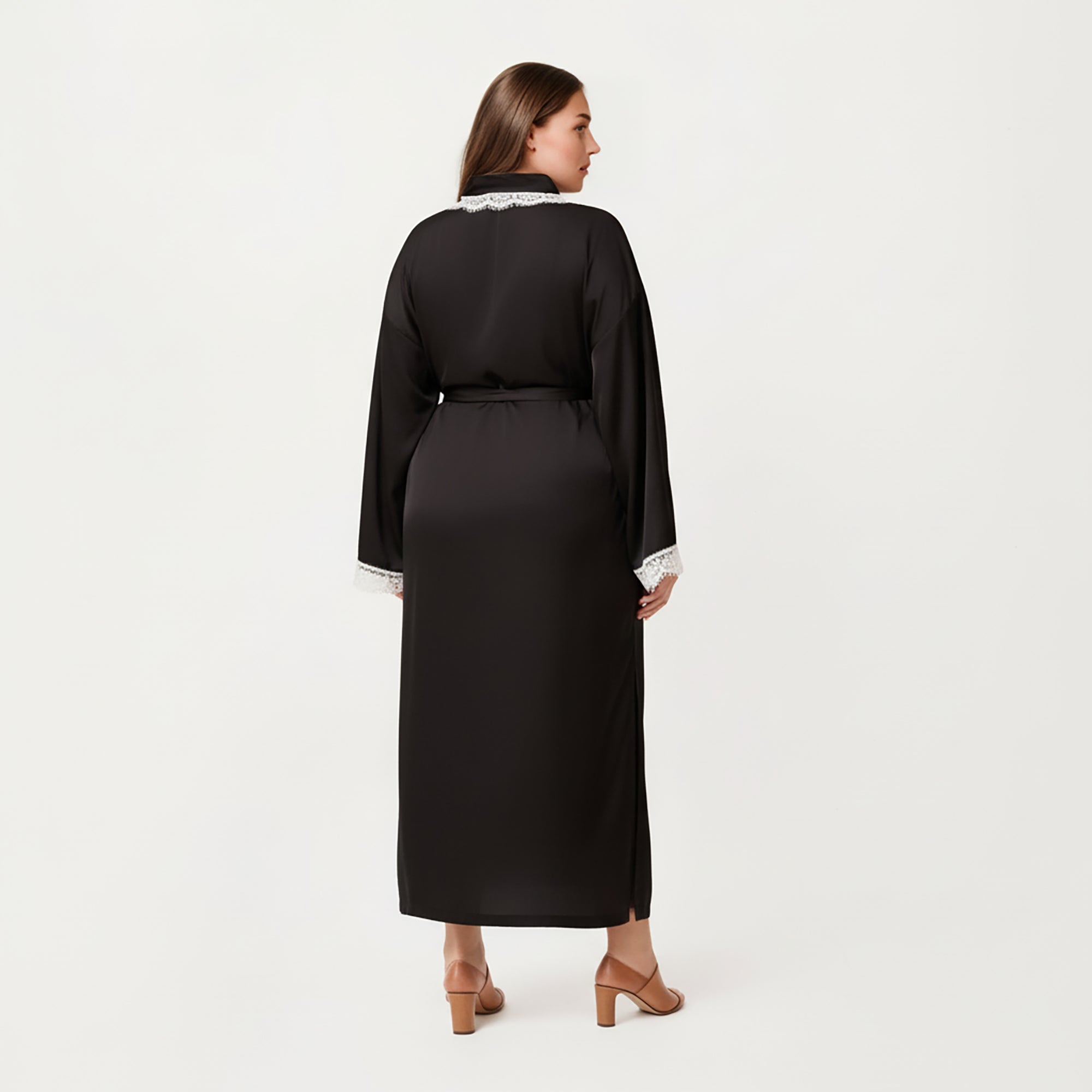 Anna-Kaci Lounge Women's Plus Size Long Robe with Lace Trim on Collar and Cuffs Featuring Soft Flowing Fabric and Adjustable Belt