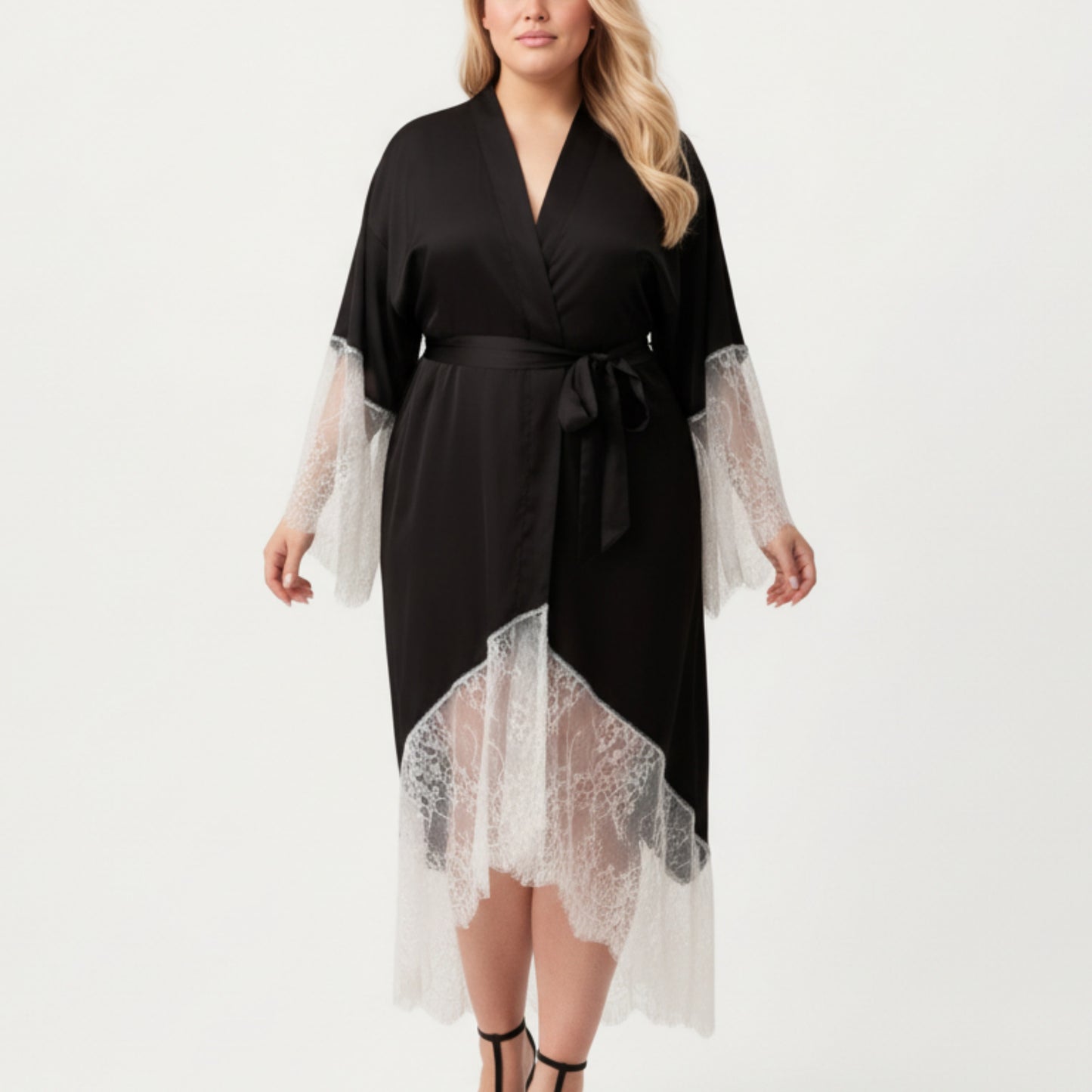 Anna-Kaci Lounge Women's Plus Size Long Robe with Sheer Lace Hem and Sleeve Detailing and Soft Flowing Fabric