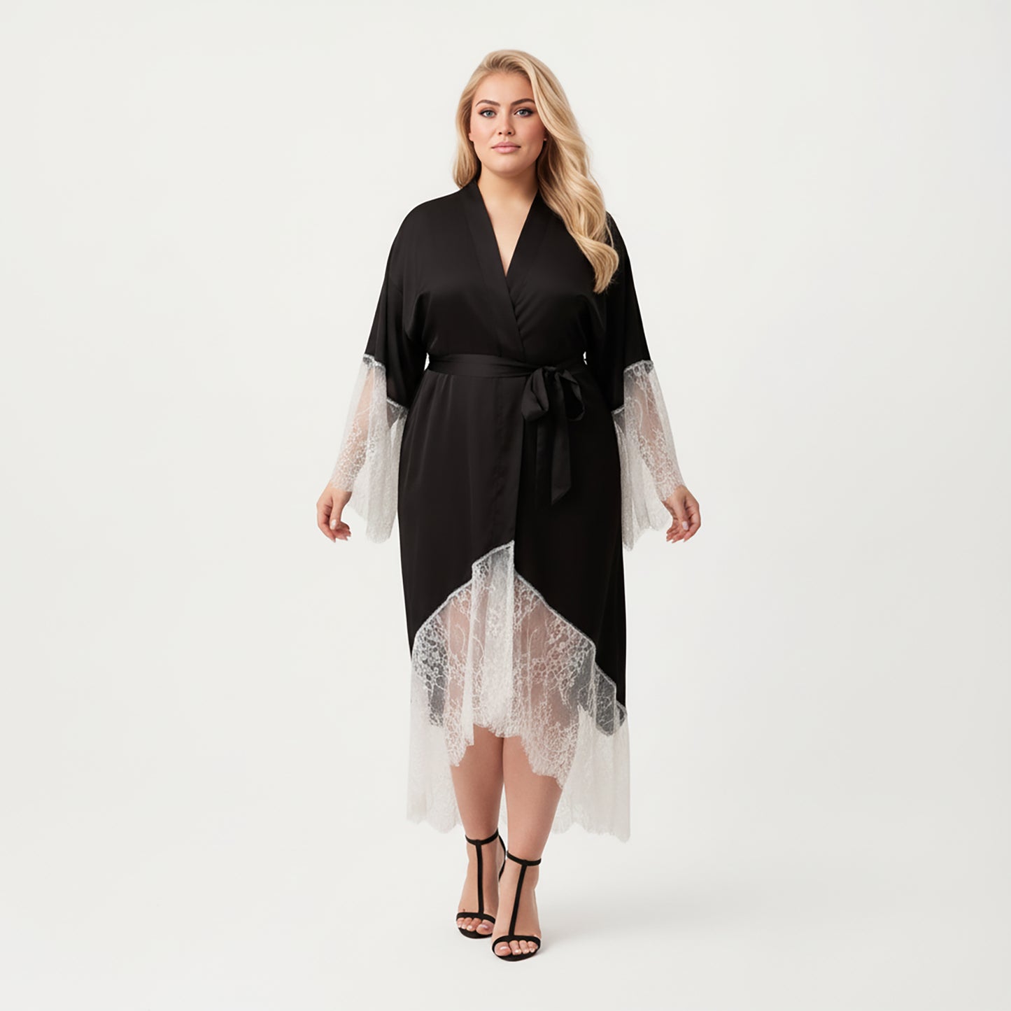 Anna-Kaci Lounge Women's Plus Size Long Robe with Sheer Lace Hem and Sleeve Detailing and Soft Flowing Fabric