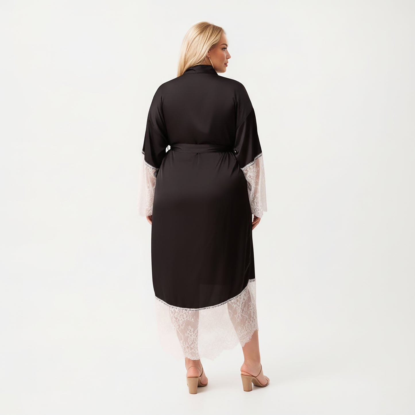 Anna-Kaci Lounge Women's Plus Size Long Robe with Sheer Lace Hem and Sleeve Detailing and Soft Flowing Fabric