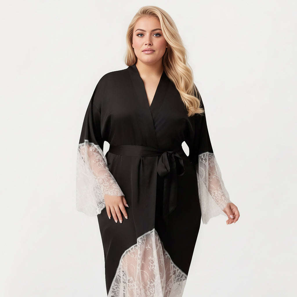 Anna-Kaci Lounge Women's Plus Size Long Robe with Sheer Lace Hem and Sleeve Detailing and Soft Flowing Fabric