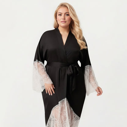 Anna-Kaci Lounge Women's Plus Size Long Robe with Sheer Lace Hem and Sleeve Detailing and Soft Flowing Fabric