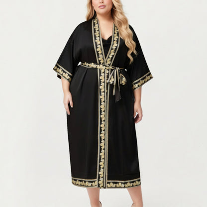 Anna-Kaci Lounge Women's Plus Size Long Robe with Decorative Trim Detailing and Soft Flowing Fabric