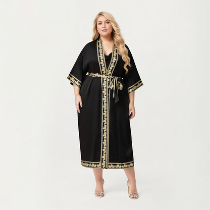 Anna-Kaci Lounge Women's Plus Size Long Robe with Decorative Trim Detailing and Soft Flowing Fabric