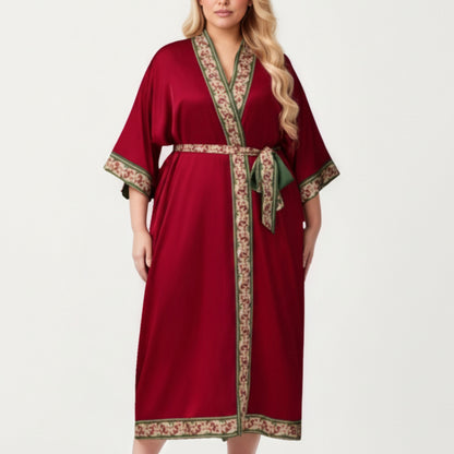 Anna-Kaci Lounge Women's Plus Size Long Robe with Decorative Trim Detailing and Soft Flowing Fabric