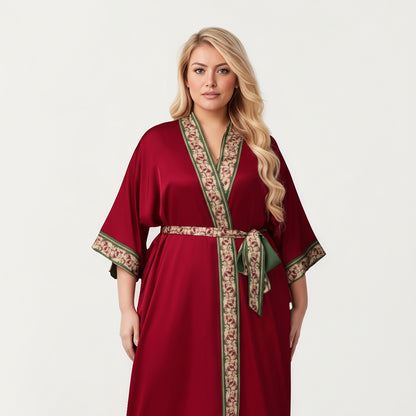 Anna-Kaci Lounge Women's Plus Size Long Robe with Decorative Trim Detailing and Soft Flowing Fabric