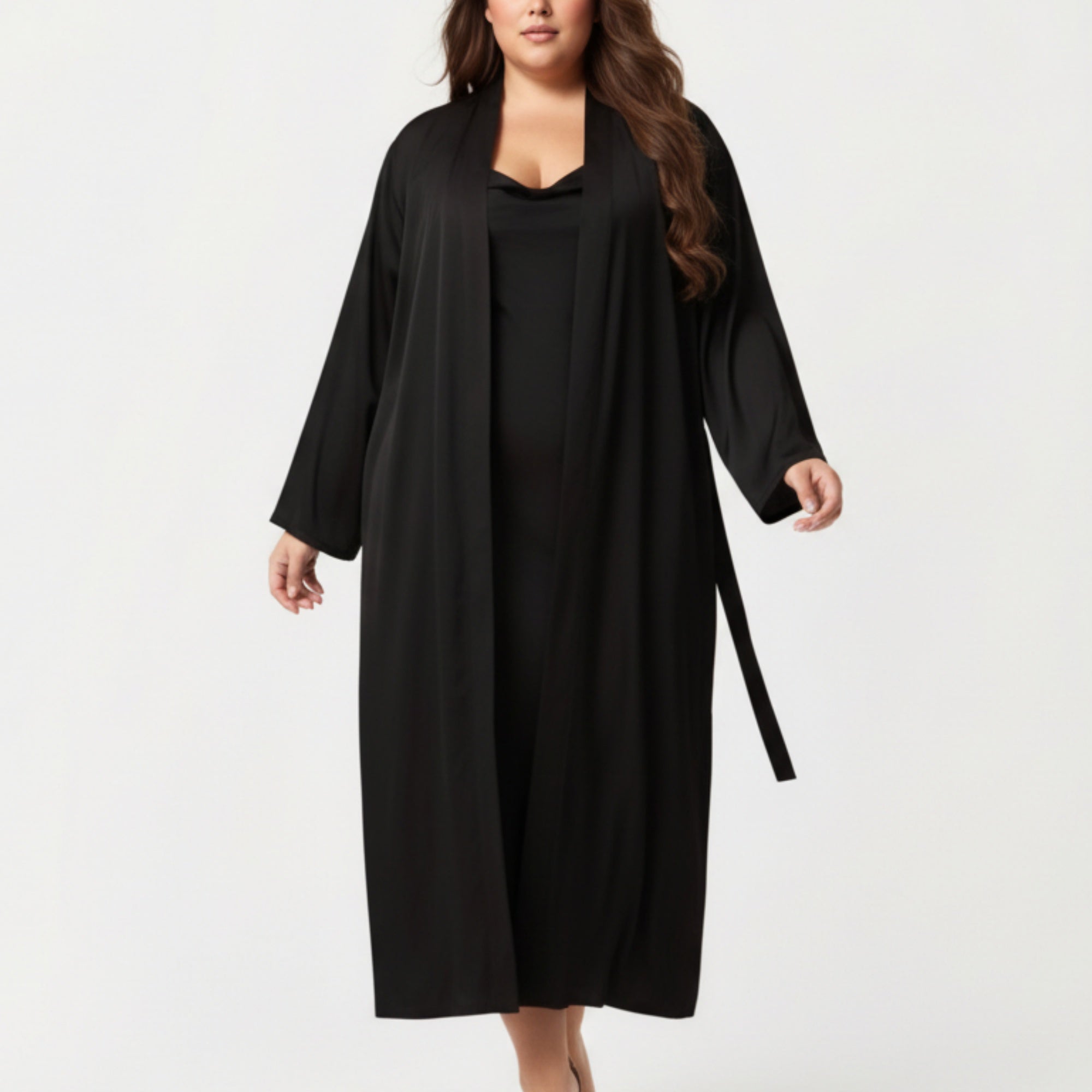 Anna-Kaci Lounge Women's Plus Size Long Robe Set with Soft Draped Silhouette and Smooth Flowing Fabric for an Layered Lounge Look