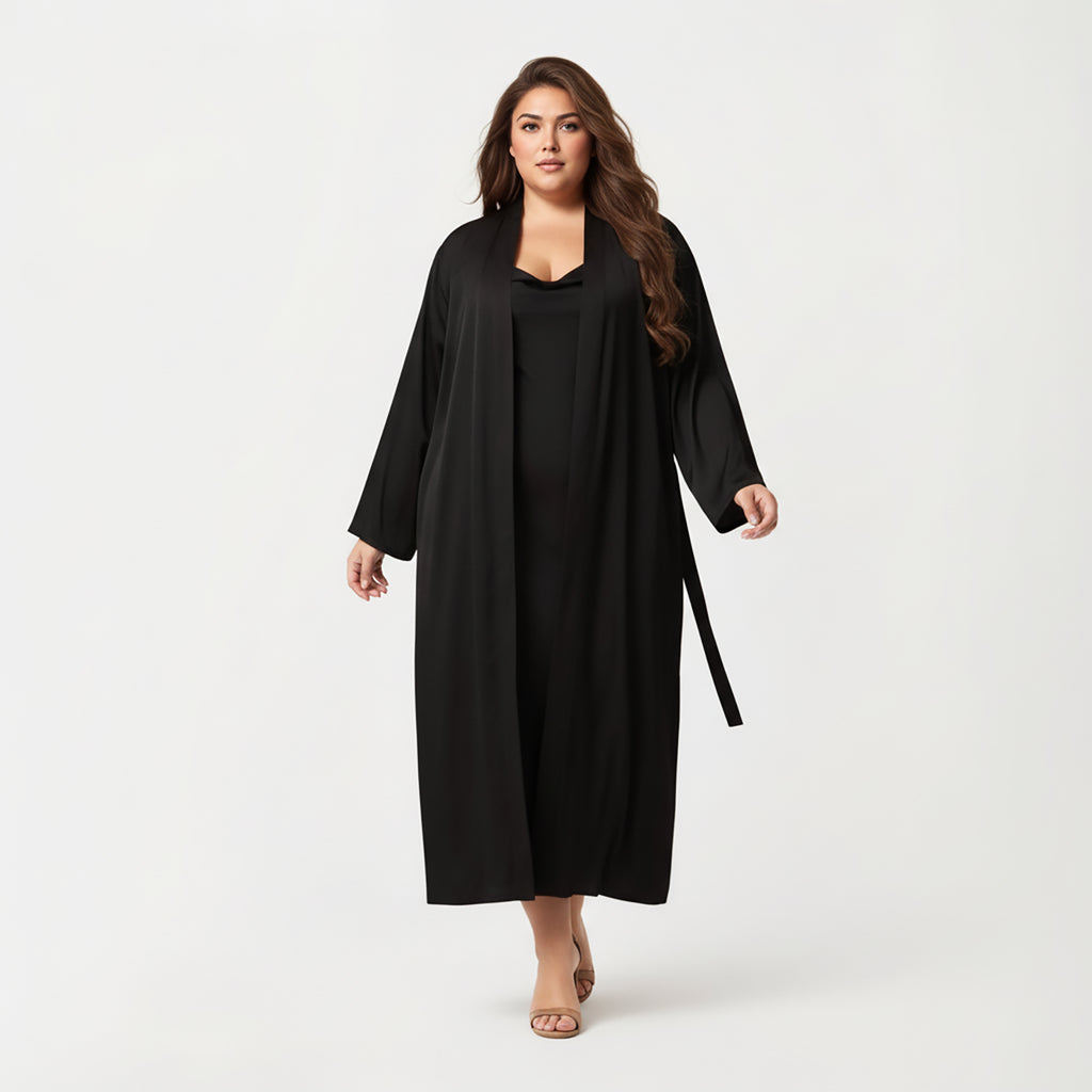 Anna-Kaci Lounge Women's Plus Size Long Robe Set with Soft Draped Silhouette and Smooth Flowing Fabric for an Layered Lounge Look
