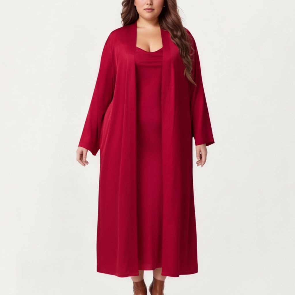 Anna-Kaci Lounge Women's Plus Size Long Robe Set with Soft Draped Silhouette and Smooth Flowing Fabric for an Layered Lounge Look