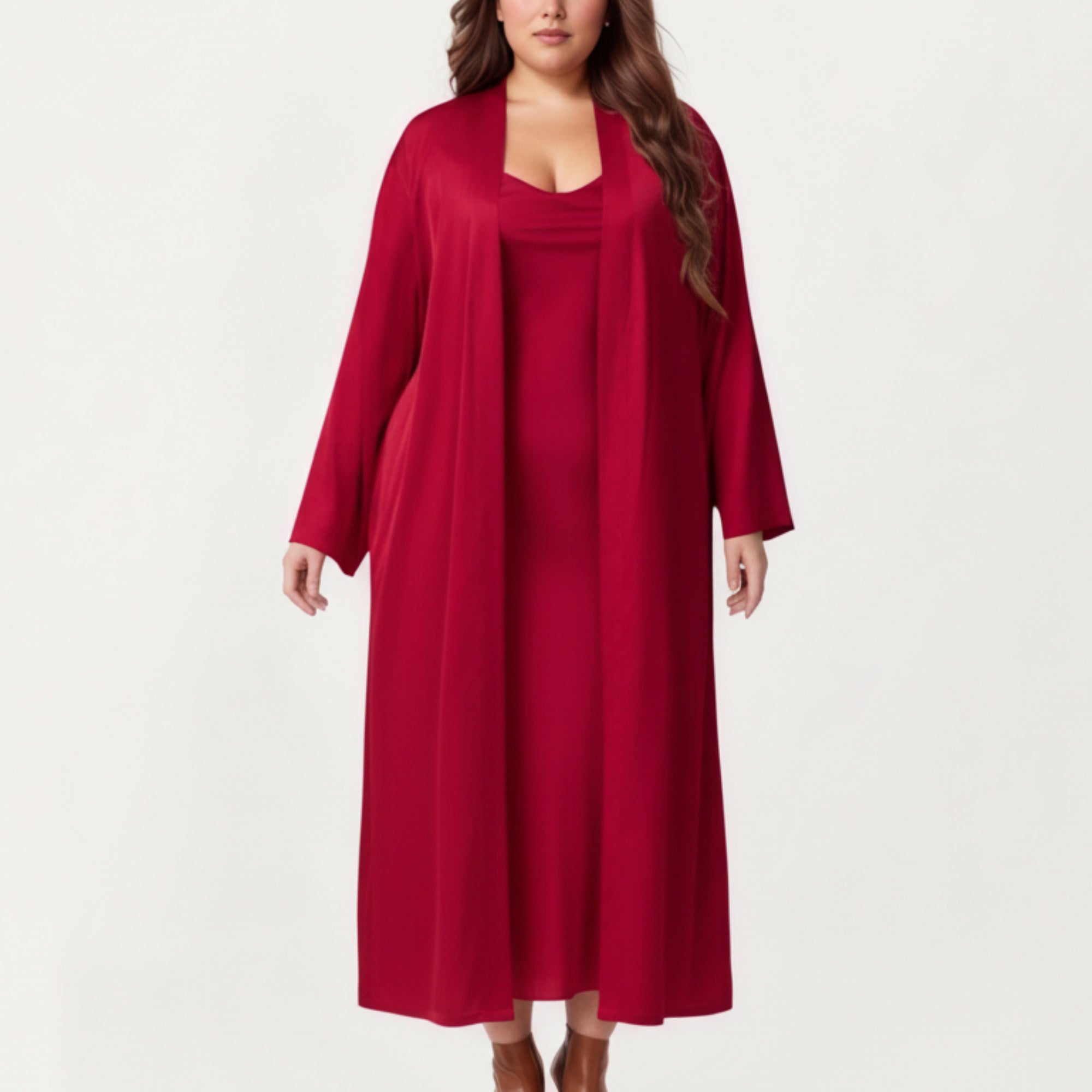 Anna-Kaci Lounge Women's Plus Size Long Robe Set with Soft Draped Silhouette and Smooth Flowing Fabric for an Layered Lounge Look