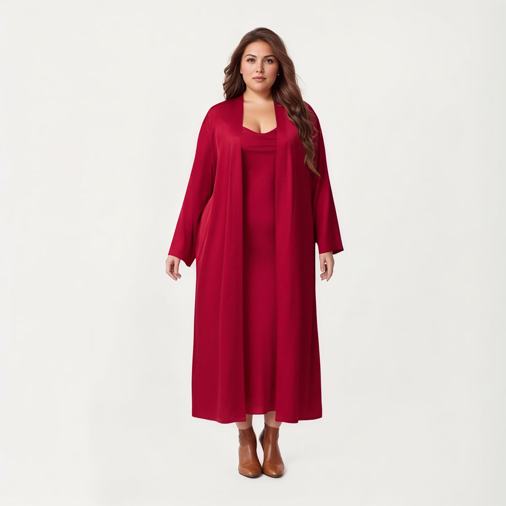 Anna-Kaci Lounge Women's Plus Size Long Robe Set with Soft Draped Silhouette and Smooth Flowing Fabric for an Layered Lounge Look