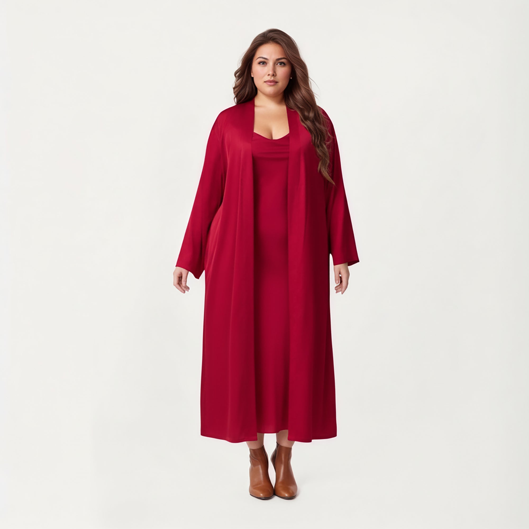 Anna-Kaci Lounge Women's Plus Size Long Robe Set with Soft Draped Silhouette and Smooth Flowing Fabric for an Layered Lounge Look