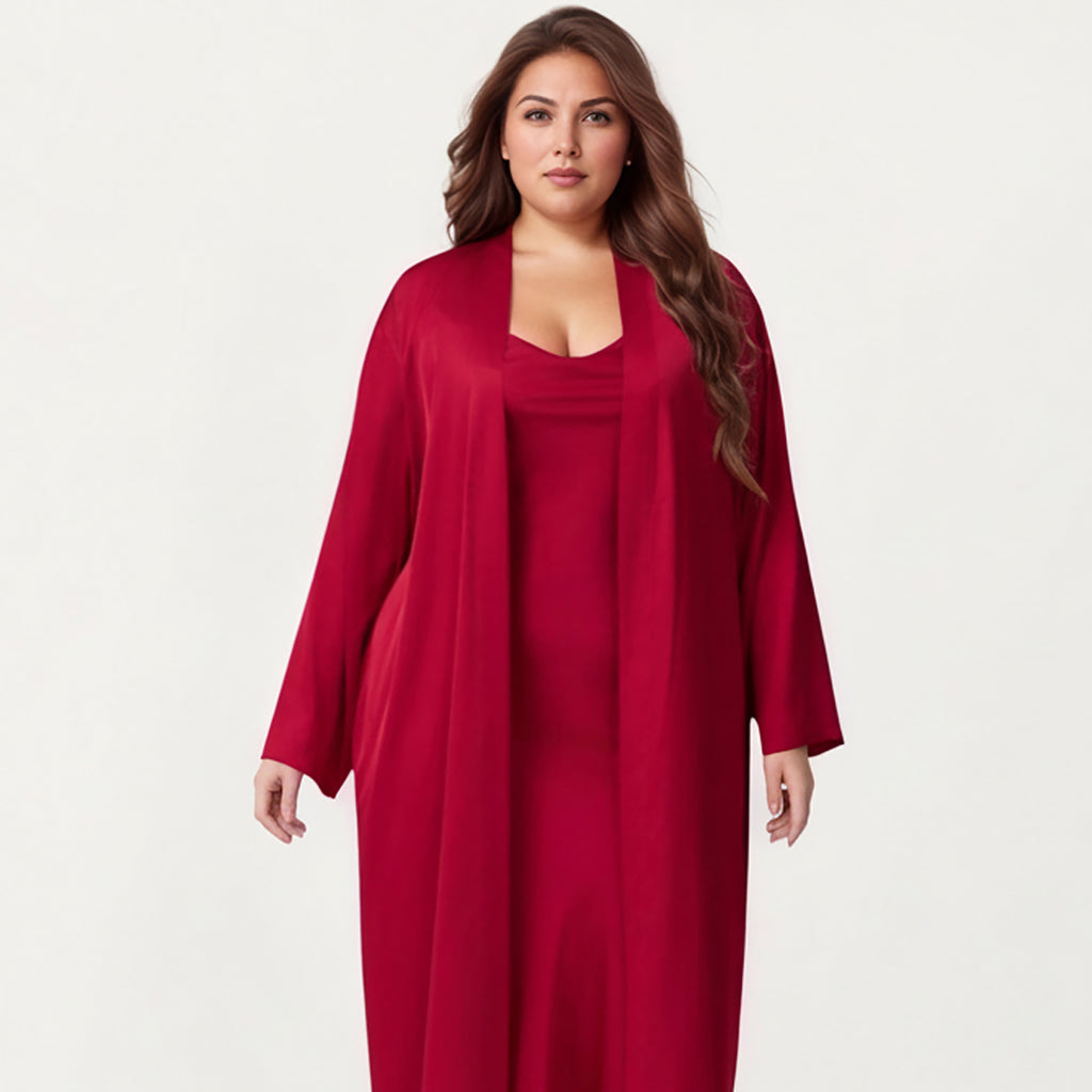 Anna-Kaci Lounge Women's Plus Size Long Robe Set with Soft Draped Silhouette and Smooth Flowing Fabric for an Layered Lounge Look